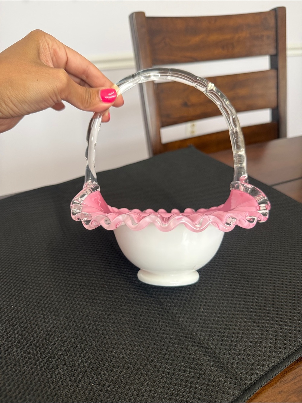 Pink Ruffled Glass Basket with Clear Handle - Picture 3 of 7